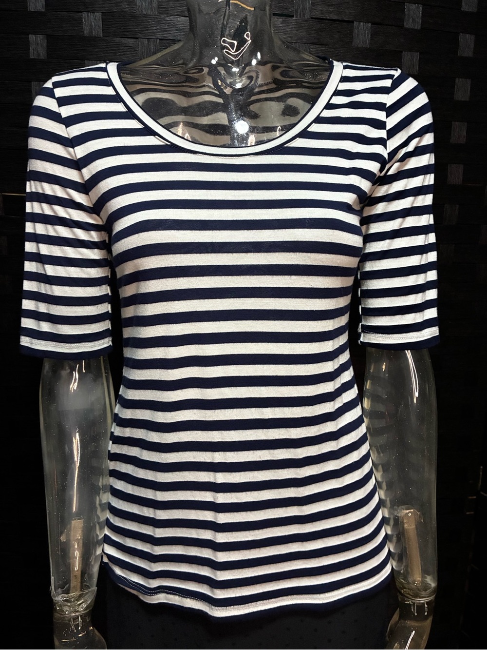 Green Envelope Navy and White Striped Scoop Neck Short Sleeve Top